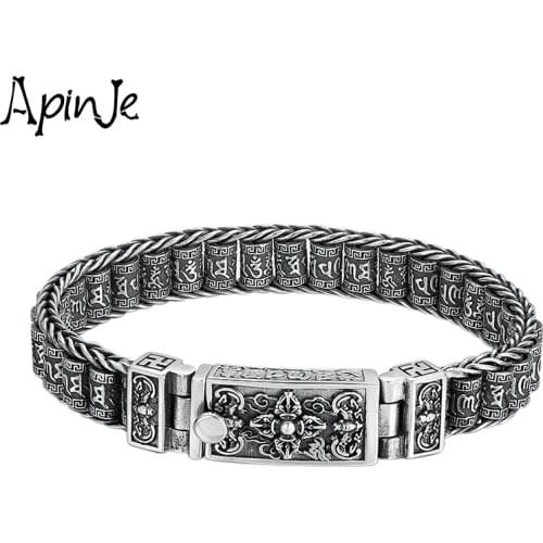 Apinje Thai Silver Vintage 925 Sterling Silver Bracelet for Men And Women Vajra Cross Six Words Mantra Punk Man Bracelets