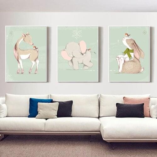 Yumeart Baby Animal Posters Prints Deer Rabbit Elephant Canvas Paintings Nursery Wall Art Nordic Picture Baby Kids Room Décor