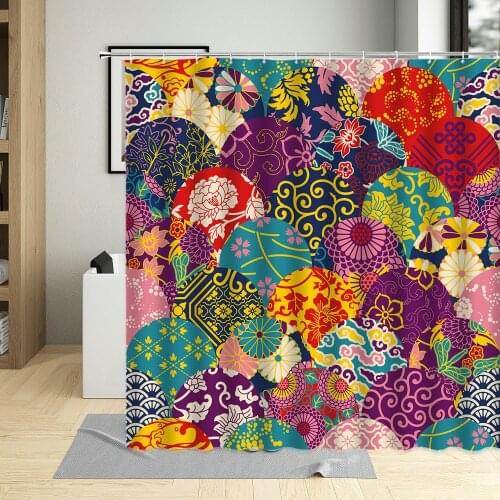 Japanese-Style Classical Sector Pattern Shower Curtain Exotic Paisley Print Screens For Art Decor Bathroom Curtains With 12 Hook