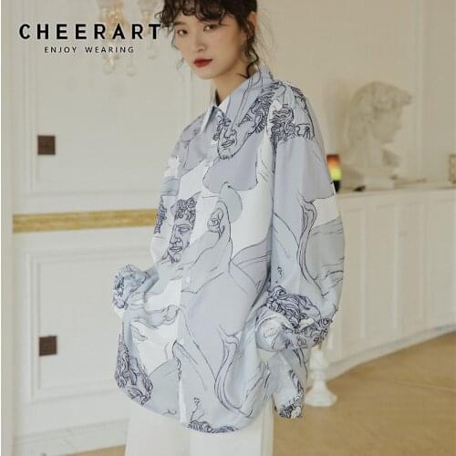 CHEERART Renaissance Print Top Long Sleeve Blouse Fall 2020 Women Button Up Designer Shirt White Loose Designer Clothes Autumn