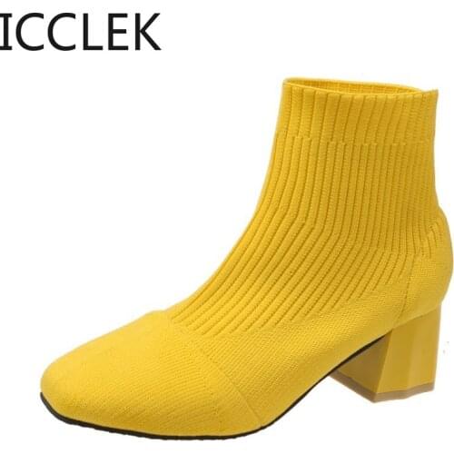 Women Sock Boots Knit Fabric Med Heel Round Toe Pumps Boot Short Ankle Length Female Fashion Heels Autumn Winter