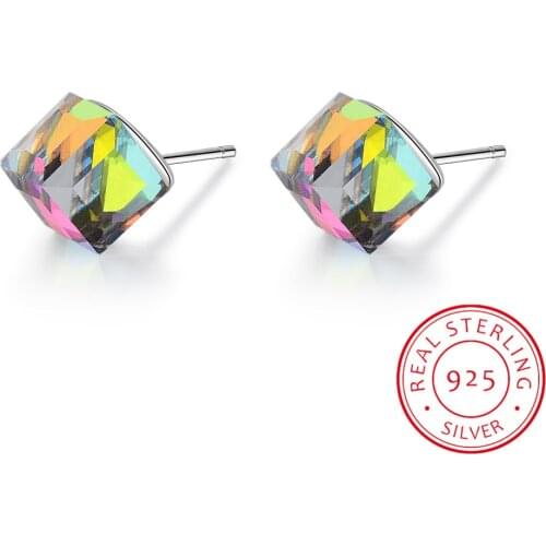 Original Crystal Piercing Earrings For Women 925 Sterling Silver Cube Stud Earring Jewelry Gifts Wholesale Wedding Party Gift