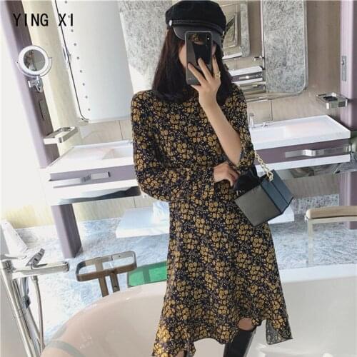 YING XI 2020 Spring Floral Small Collar Long Sleeve A-line High Waist MD-long Style Women Dress