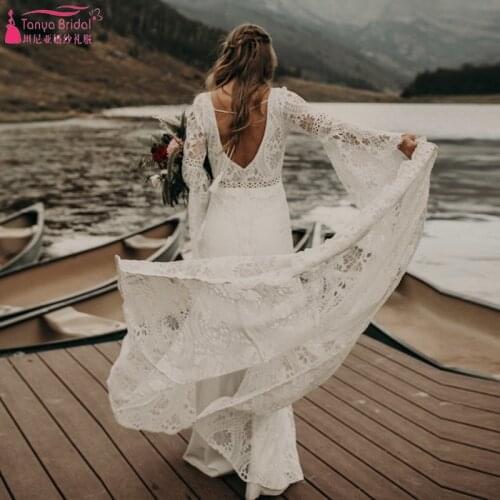 Bohemian Unique Wedding Dresses Flare Long Sleeve V-Neck Mermaid Bridal Gowns Romantic Vestido De Noivas ZW227