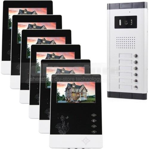 DIYSECUR 4.3 inch 4-Wired Apartment Video Door Phone Audio Visual Intercom Entry System IR Camera for 6 Families