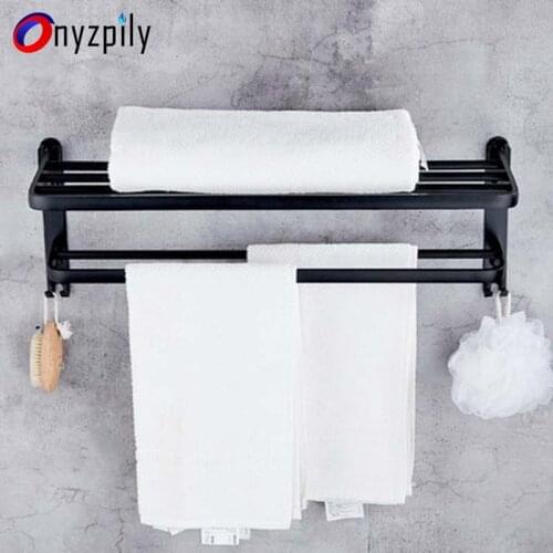 Bathroom accessories Black punch-free space aluminum folding towel rack with hook hardware