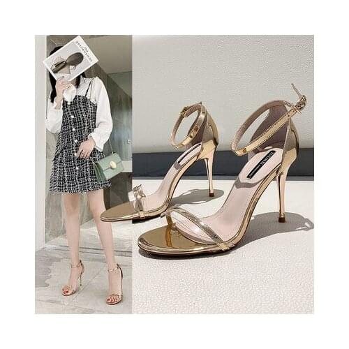 One-word buckle sandals womens summer 2021 new sexy wild fairy style summer silver stiletto high heel womens shoes