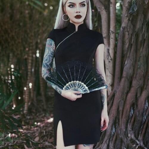 Black Zipper Chinese Cheongsam Dress Classic Solid Color Women Sexy Qipao Dresses Evening Party Gown Cosplay Short Split Dress