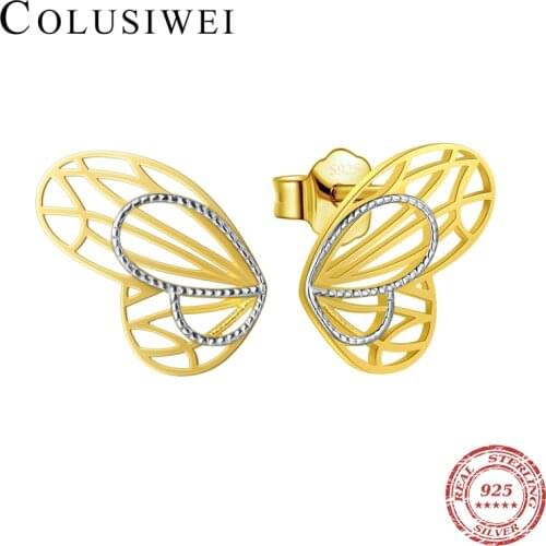 Colusiwei Fashion 925 Sterling Silver 18K Gold Plated Line Heart Butterfly Shape Stud Earrings For Women Silver Fine Jewelry