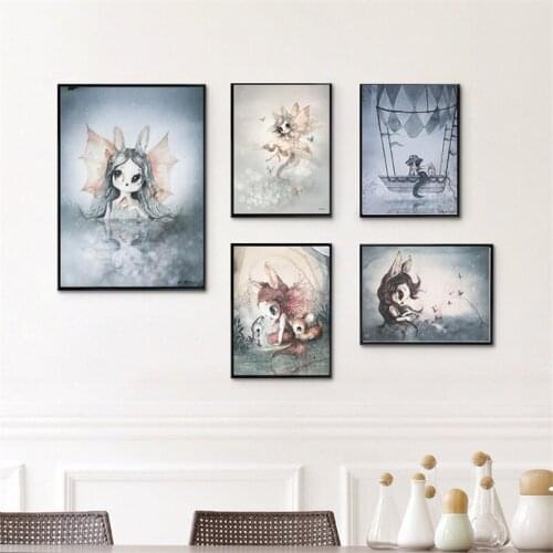 Living Room Home Decor Poster Print Nordic Canvas Painting Girl Bedoom Wall Picture Deer Rabbit Angle Wing Animal Abstract Sweet