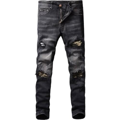 American Street Fashion Men Jeans Retro Black Gray Elastic Slim Ripped Jeans Men Camo Patch Designer Hip Hop Denim Punk Pants