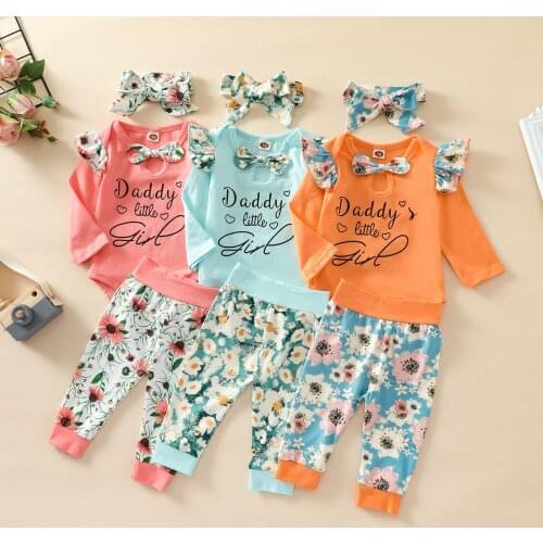 FOCUSNORM Autumn Infant Baby Girls Clothes Sets 3pcs Letter Printed Fly Sleeve Romper Tops Flowers Pants Headband