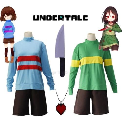 Game Undertale Frisk Chara Cosplay Costume Clothing Set High Collar Sweatshirt Jacket Shorts Knife Heart Necklace vCosplay Prop