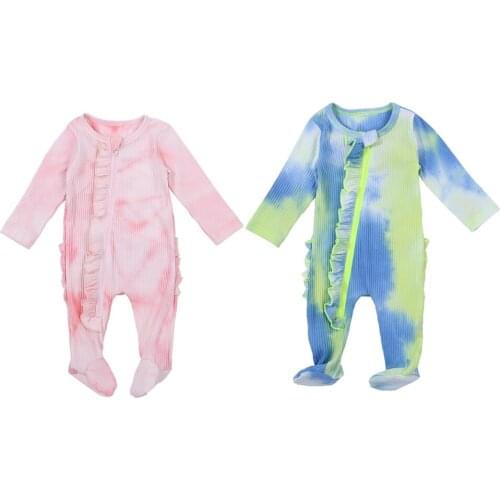 0-6M Newborn Baby Girls Boys Ribbed Romper Infant Tie-dye Print Long Sleeve Round Neck Ruffle Footed Zipper Jumpsuit