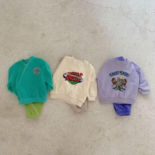 Children Clothes Set Pullover Cartoon Print Tops Baby Girls Boys Loose Long Pants 2pcs Kids Sweatshirts Infant Toddler Suit