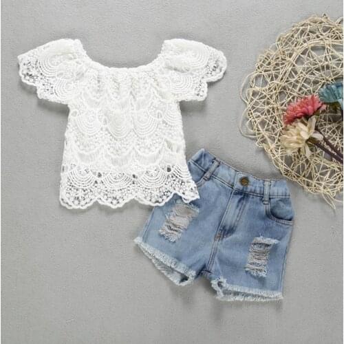 Girl Clothes Set Solid Color Lace Flower Short Sleeve Boat Neck T shirt Tops Short Ripped Jeans Summer Girls Clothes Set