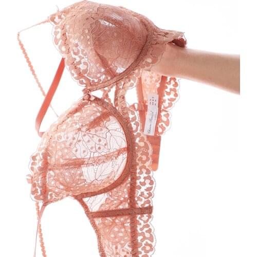 New Pink Transparent Bra And Panties Set Women Sexy Lingerie Plus Size Ultra Thin Floral Lace Underwear Set For Ladies Red Black