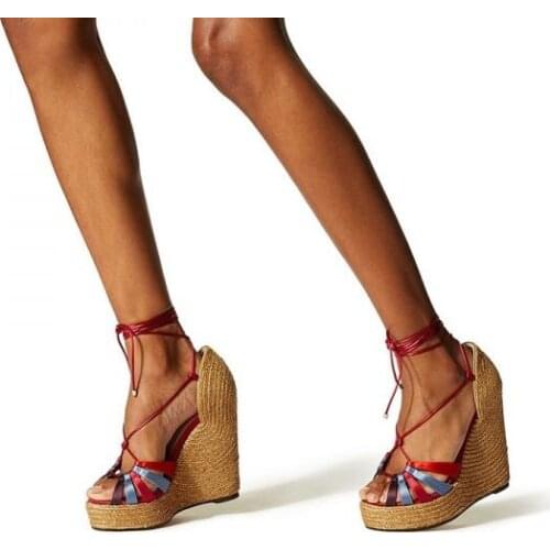 Carpaton Red Ankle Strap Platform Wedge Heels Sandals Sexy Peep Toe Rope Braided Super High Gladiator Shoes Lace-up Sandals