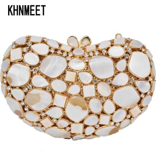 Fashion Shell patch Crystal Evening Clutch Bag With Chain Women Wedding Party bag White Black Female Clutches Purses
