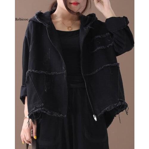 Fashion Korean Punk Streetwear Ladies Hooded Clothes Womens Vintage Autumn Jackets Oversized Denim Coats Plus Size