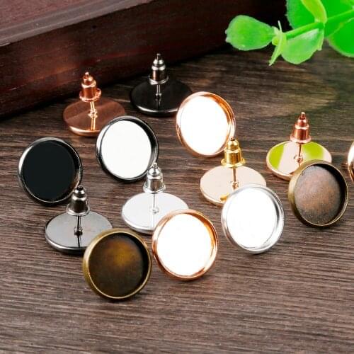 Fashion Design 10Pcs 12mm 6 Colors Plated High Quality Stainless Iron Earring Studs(with Ear plug) Base Fit 12mm Glass Cabochons