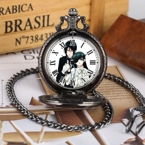 Dark Deacon Mens Pocket Watch Japanese Manga Flip Exquisite Pattern Case Roman Numeral Quartz Dial Alloy Chain Pendant Souvenir