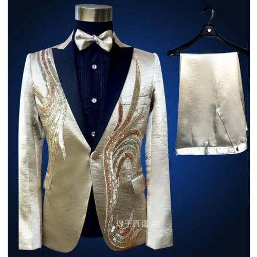 Men gold suits designs stage costumes for singers men sequin blazer dance clothes jacket star style dress punk black collar