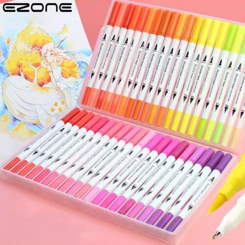 EZONE Double Head Watercolor Pen Set Water Based Soft Head Marker Pen Students Painting Stationery 12/24/36/48/60/80/100 Colors