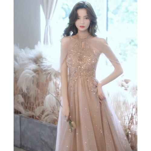 New Elegant Exquisite Sequins Beading Long A Line Prom Dress Tulle Evening Gowns 2021 Women Formal Party Dress