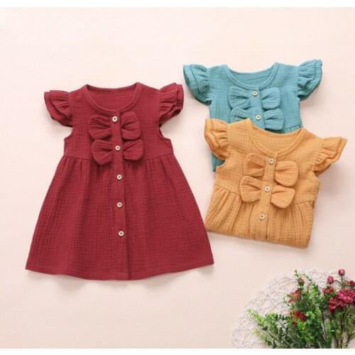 NEW Baby Summer Clothing Infant Baby Girls Kids Linen Cotton BOW Dress Ruffle Formal Party Cotton Linen Cotton Clothes 1-6Y