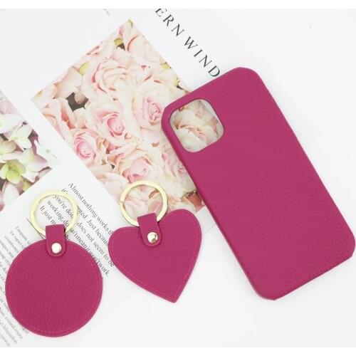 New Customized Gift Set Genuine Grain Leather Mobile Phone Case for XS MAX 11 12 PRO MAX Matched Circle/Heart Keychain