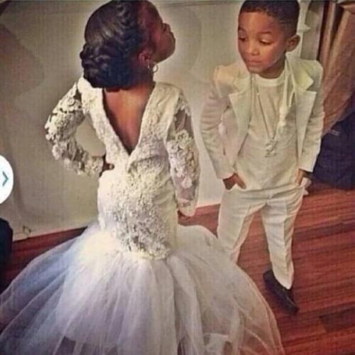 Long Sleeve Mermaid Little Flower Girls Dresses for Weddings Bateau Lace Applique 2016 New Arrivals White Open Back Kids Prom Dr