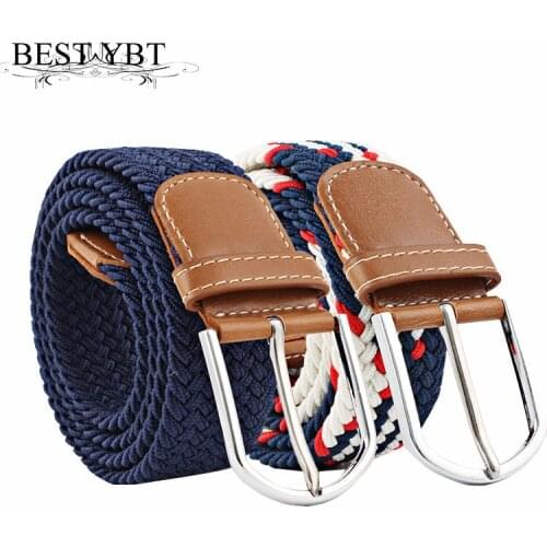 Best YBT Unisex Canvas Belt Alloy Pin Buckle Belt Knitted Woven With PU Leather Elastic Solid Color Plain Polychromatic Belt