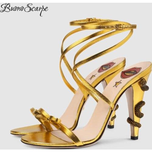 Gold Metal Snake Around Heel Sexy Sandals Women Bowknot High Heels Summer Party Shoes Ankle Strap Slingback Gladiator Sandals