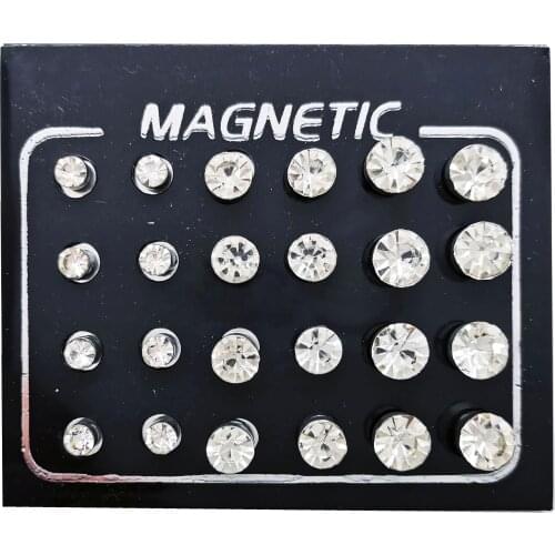 12 Pair/Set Mix Sizes Magnet Stud Earrings Puck Round Crystal Rhinestone Magnetic Fake Ear Plugs Jewelry for Women Mens 4/5/6mm