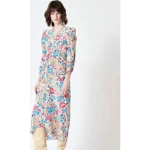 2021 Colorful Printed silk Midi dress Front Creased Waist V-neck 3/4 Sleeves Fashion Floral Dresses