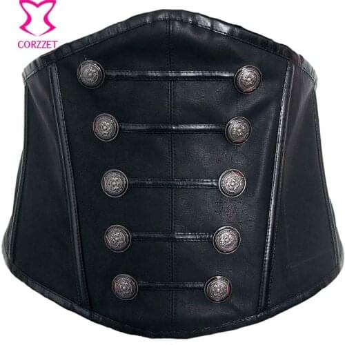 Gothic Punk Wide Corset Belt Black Leather with Double Rows Buttons Waist Belt Slimming Waist Steampunk Corset Belts For Women