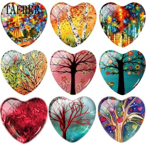 TAFREE Colorful Tree Art Picture Heart Shape 25mm DIY Glass Cabochon Charms For Key Chains Necklace Pendant Jewelry Findings