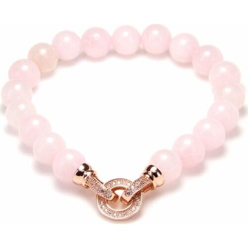 Thomas 8mm Rose Pink Quartz Bead Bracelets with Rose Gold Color Macro Paved CZ Circle Clasp, Romantic Jewelry Gift Women