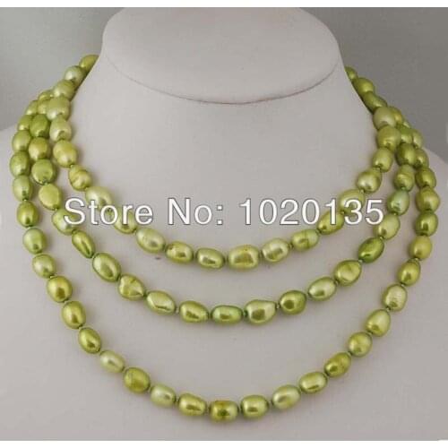 Wow! freshwater pearl baroque yellow green LONG necklace 43" nature 8-10mm wholesale beads FOR XMAS GIFT
