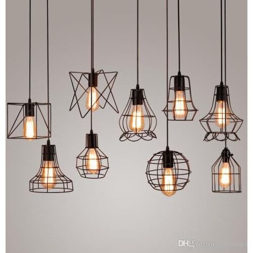 Vintage Iron Pendant Light Cage Hanging Lamp Retro E27 Pyramid Lighting for Restaurant Coffee Bar living Room decoration