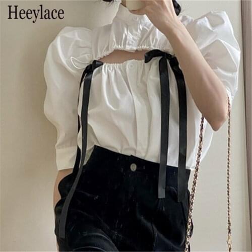 Bow Solid Blusas Mujer Hollow Out 2021 Summer Blouses Women Tops Puff Sleeve Stand Collar Fashion Vintage Shirts