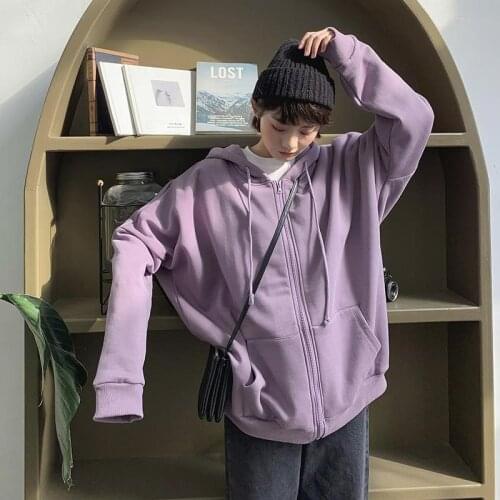 Spring Autumn Zip Up Hoodies Vintage Purple Hooded Sweatshirt Korean Style Women Top Pocket Long Sleeve Harajuku Loose Oversized