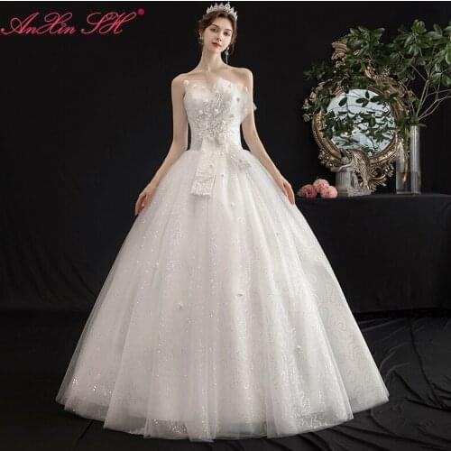 AnXin SH princess white rose flower lace wedding dress vintage beading crystal big bow strapless sleeveless bride wedding dress