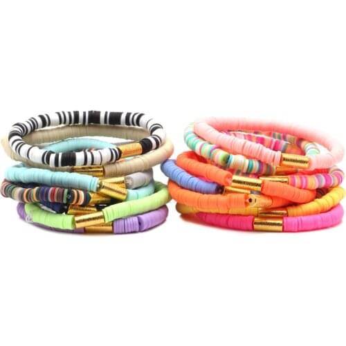 6mm Multi-colored Rainbow Vinyl Heishi Beads Stretch Bracelet Women Girl Polymer Clay Record Disc Bead Fiesta Surf Jewelry Gift