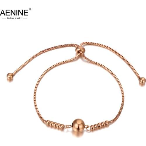 AENINE Rose Gold Titanium Stainless Steel Round Beads Charm Bracelets For Women Bohemia Rose Gold Box Chain Bracelet AB20051