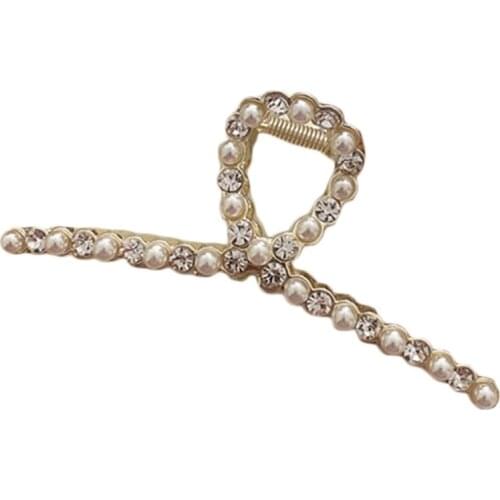 Null Korean Fashion Shiny Metal Hair Claw Clip Luxury Imitation Pearl Rhinestone Beaded Jaw Clamp Elegant Geometric Large