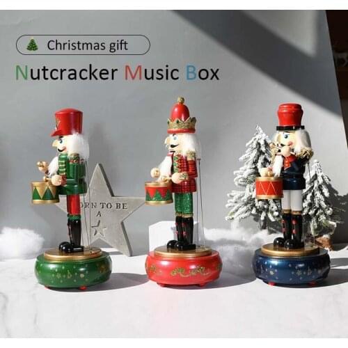 36cm Wooden Nutcracker Soldier Doll Music Box Guard Ornament Round Base Wooden Music Box Christmas Home Crafts Decoration