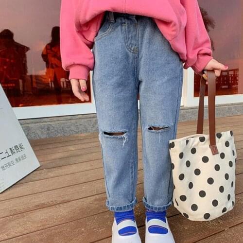 Mid-Waist Denim Pants for Kids 2021 Spring Autumn Bottom Hollow Out Girls Jeans Childrens Long Trousers Casual Pants