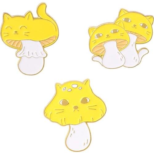 Mushroom Enamel Pin Custom Yellow Cat Brooches Bag Lapel Pin Cartoon Cute Badge Animal Jewelry Gift for Kids Friends